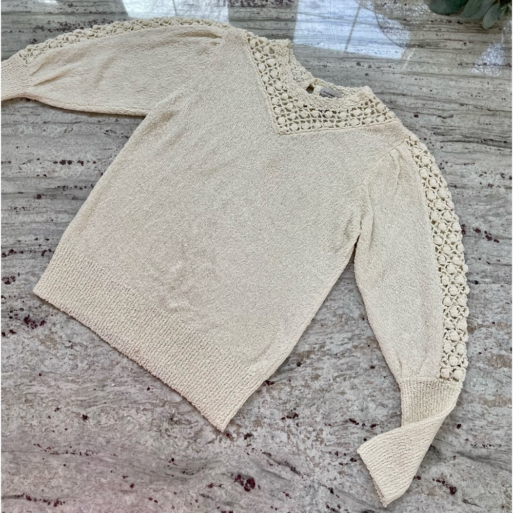 70s Ivory Crochet Boucle Knit Mutton Sleeve Jumper Sweater size